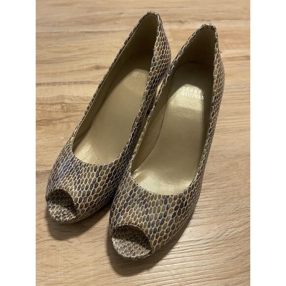 Stuart Weitzman Logo Plainfield Sea Crystal Mushroom Snake Skin Heels 6.5 Womens - Picture 2 of 7